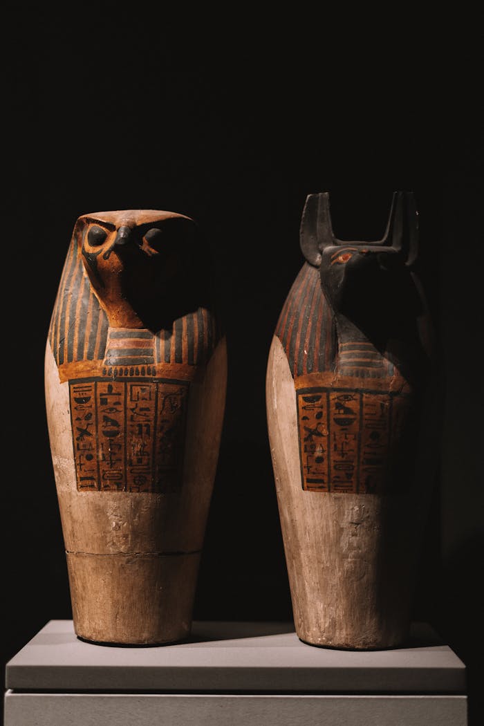 Close-up of two ancient Egyptian canopic jars in a museum setting.
