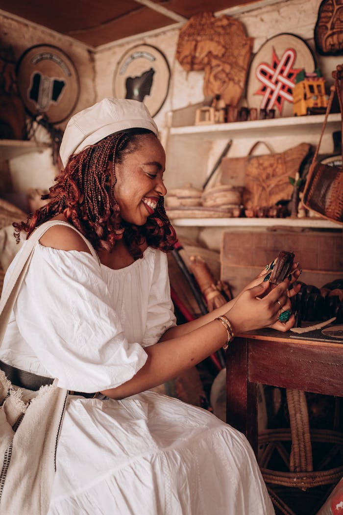 A joyful artisan admires her craft in a traditional Nigerian workshop filled with cultural artifacts.
